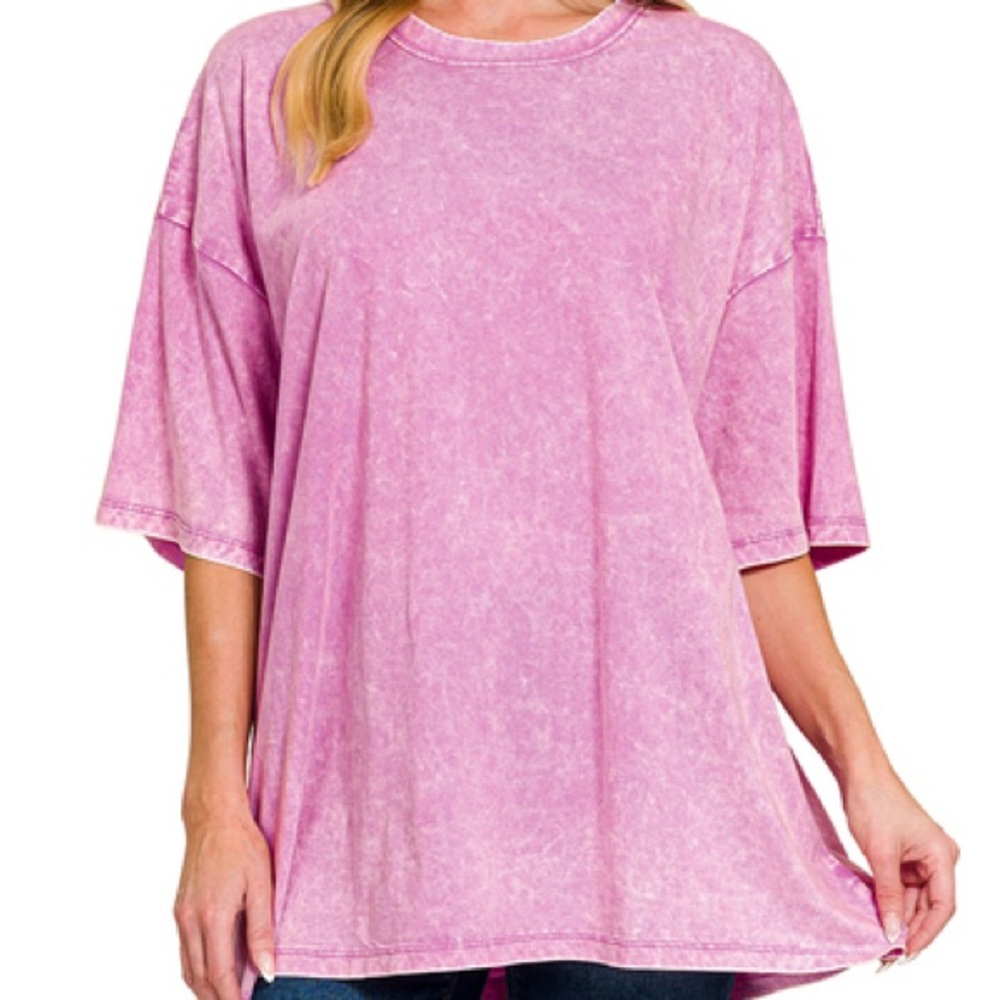 NWT ZENANA Bright Mauve Acid Washed Oversized Boyfriend Tee T Shirt S/M L/XL